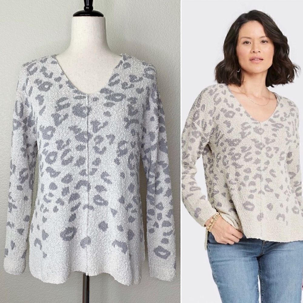 NWOT Knox Rose Leopard Textured V-Neck Pullover High-Low Hem Sweater